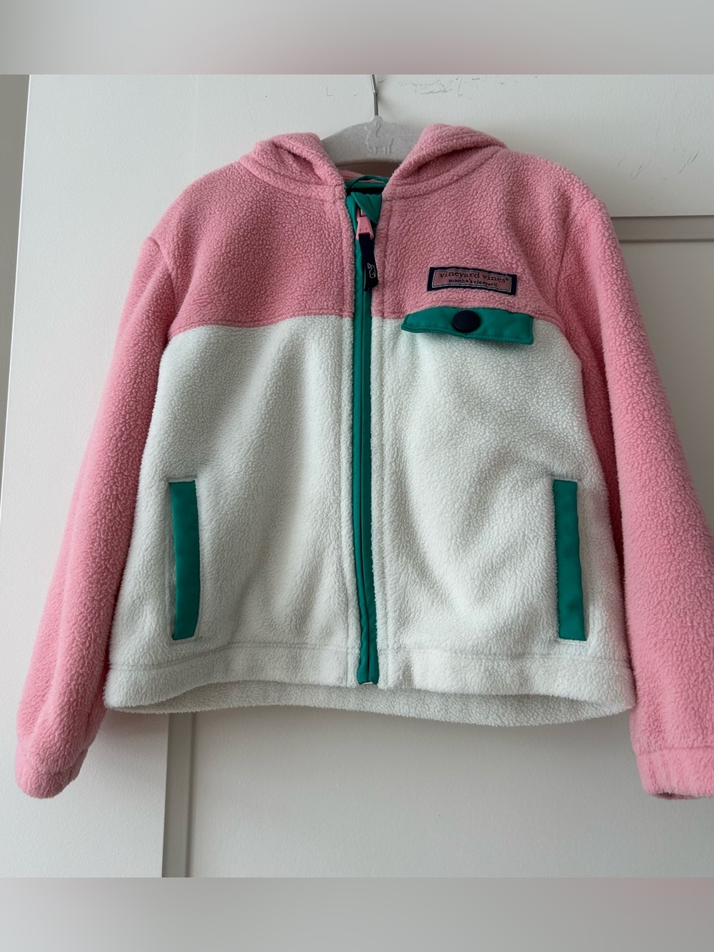 Vineyard Vines Toddler Full Zip Hooded Harbor Fleece in Pink/Ivory Size 3T